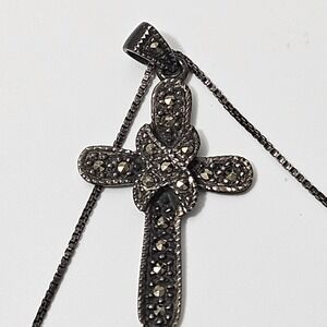 Sterling Silver Marcasite Cross Pendant Necklace 925 Vintage 18"